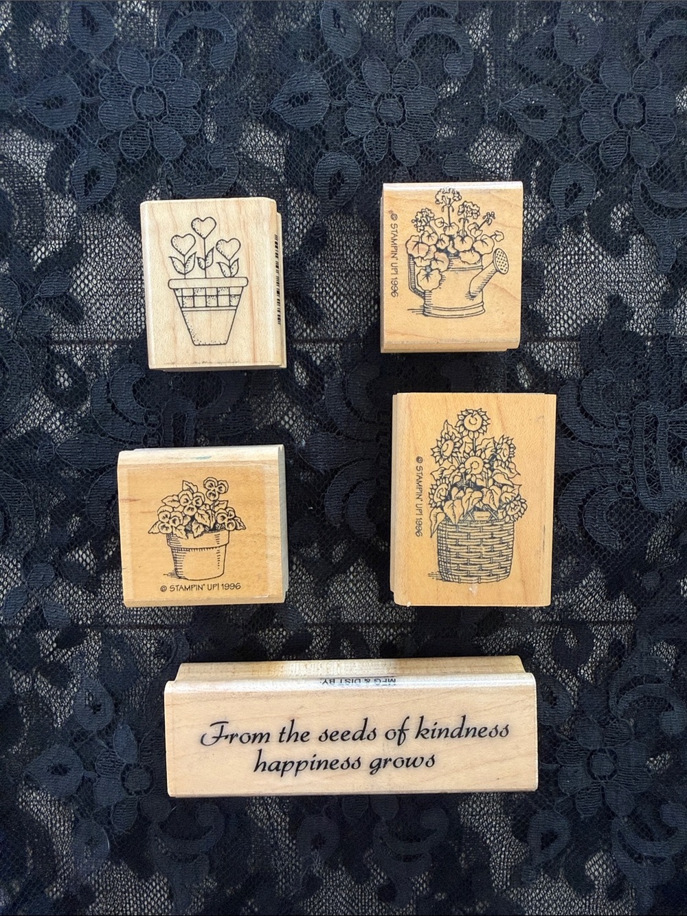 Cottage Core Wooden Floral & Sentiment Stamp Set - Natural Wood, Black Ink Art